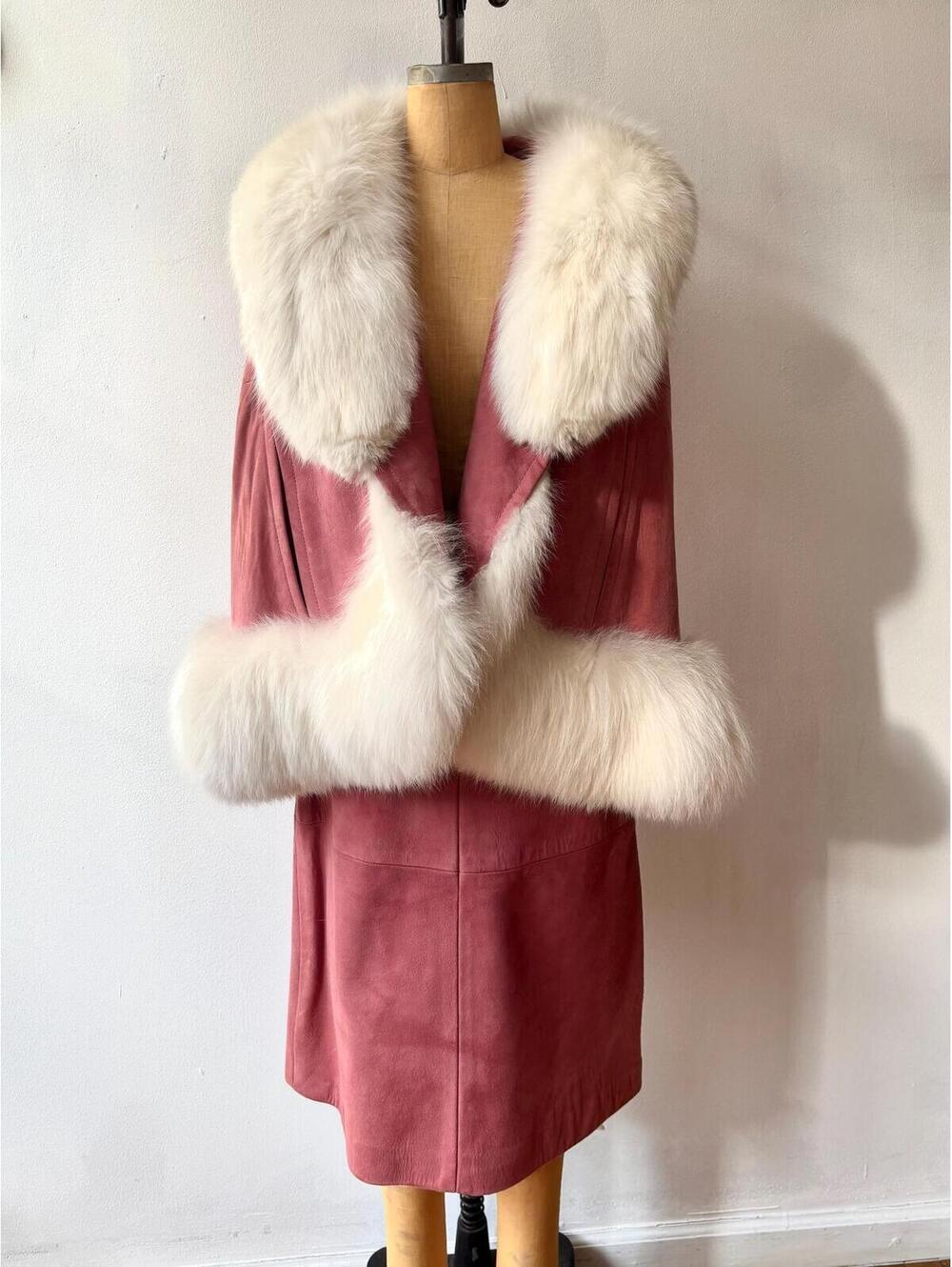 Vintage 1960s Pink Suede Fox Fur Collar Cape Coat Skirt Suit Ensemble - Picture 2 of 9